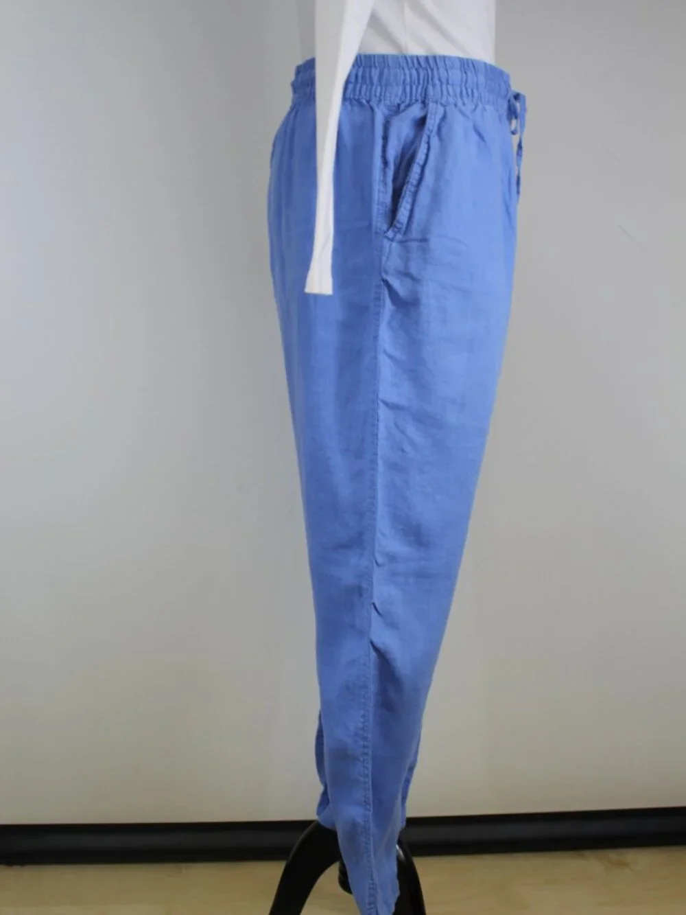 H&M 100% Linen Blue‎ Drawstring Pants Size Small Elastic Waist Wide Leg